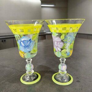Vintage Hand Painted Glass Drinking Glasses Goblet Set 2 Painted Flowers Decor